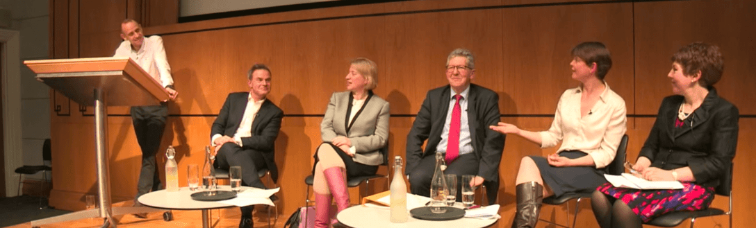A still from the PinkNews General Election Debate video showing the moderator and all 5 of the panelists